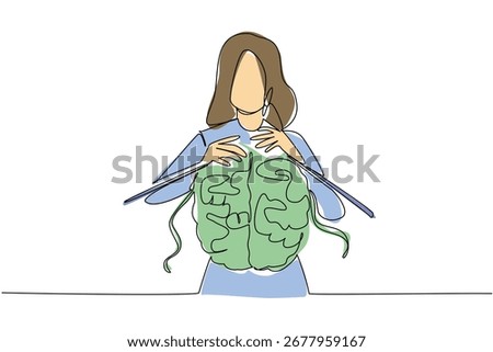 Continuous line drawing of a woman knitting green fabric reflects the handmade nature concept, created as a symbolic artwork for Worldwide Knit in Public Day, an international creative event.