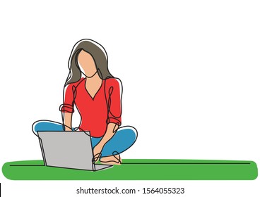 continuous line drawing of woman with laptop