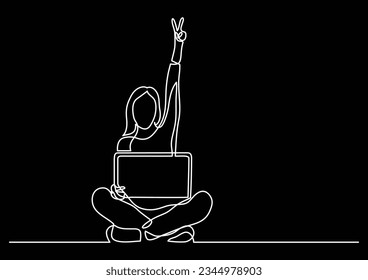 continuous line drawing of woman with laptop showing victory sign
