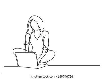 continuous line drawing of woman with laptop