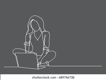 continuous line drawing of woman with laptop