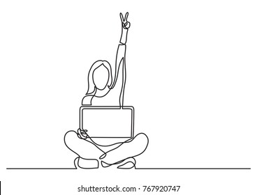 continuous line drawing of woman with laptop showing victory sign