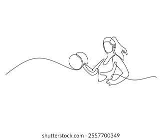 Continuous line drawing of a woman lifting a dumbbell, representing fitness and strength training in a minimalist art style.