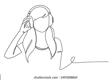 Continuous Line Drawing Woman Listening Music Stock Vector (royalty 