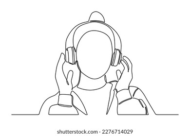 continuous line drawing of woman listening music in headphones