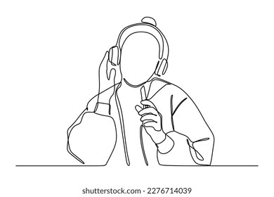 continuous line drawing of woman listening music in headphones