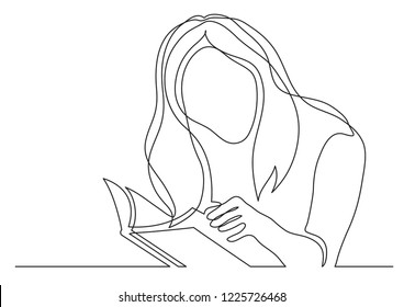 continuous line drawing of woman with long hair reading book