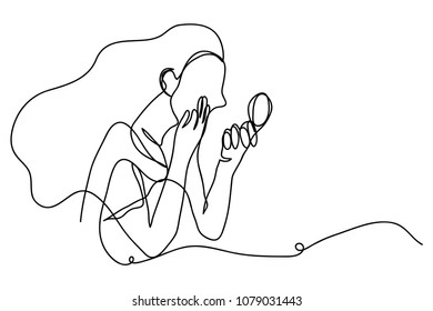 continuous line drawing of woman making up beauty 