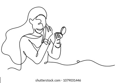 continuous line drawing of woman making up beauty 