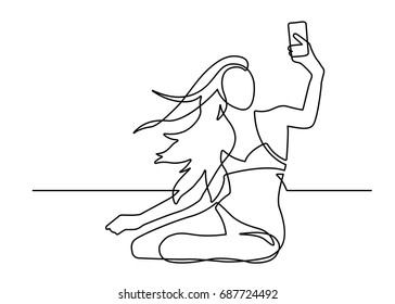 Continuous line drawing of woman making selfie photo on the beach. Vector illustration