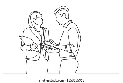 continuous line drawing of woman and man standing talking about work