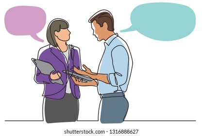 continuous line drawing of woman and man standing talking about work
