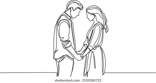 continuous line drawing of woman and man holding hands facing each other, line art vector illustration