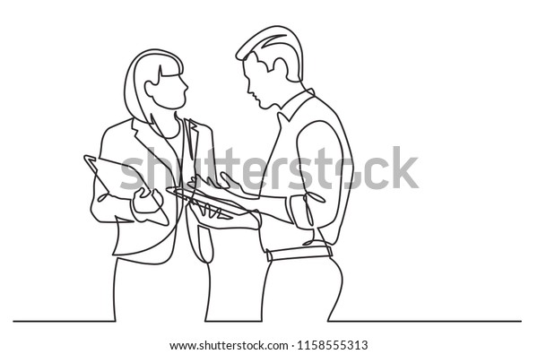 continuous line drawing of woman and man standing talking about work