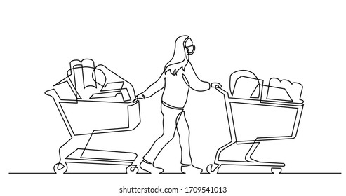 continuous line drawing of woman in mask pushing two shopping carts full of products