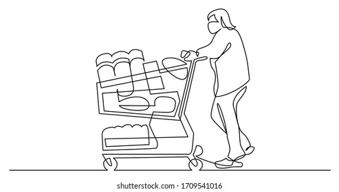 continuous line drawing of woman in mask pushing shopping cart full of products