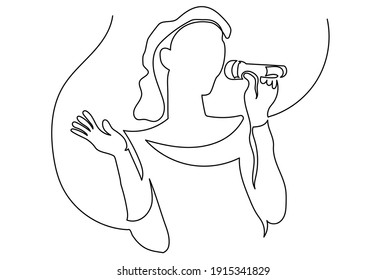Continuous line drawing woman with microphone. Music song concept, public speaking.