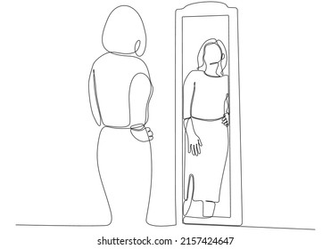 
Continuous line drawing of woman in mirror vector illustration