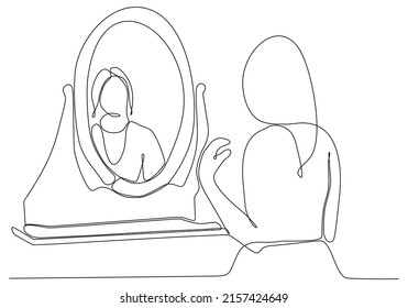 
Continuous line drawing woman in mirror vector illustration