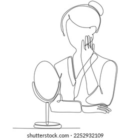 Continuous line drawing woman in mirror vector illustration