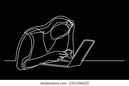continuous line drawing of woman with mobile phone and laptop in despair