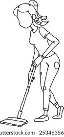 Continuous line drawing of a woman mopping the floor, line art, vector