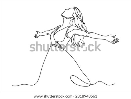 Continuous line drawing of a woman with open arms looking up happiness inspiration minimalist continuous expression uplifting liberation gratitude reaching celebration positive wellness