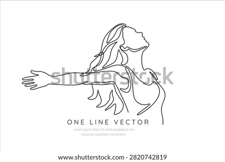 Continuous line drawing of a woman with open arms looking up happiness inspiration minimalist continuous expression uplifting liberation gratitude reaching celebration positive wellness. Hand drawn one line vector. Editable stroke