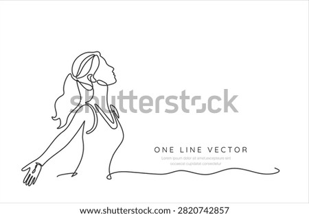 Continuous line drawing of a woman with open arms looking up happiness inspiration minimalist continuous expression uplifting liberation gratitude reaching celebration positive wellness. Hand drawn vector. Editable stroke	