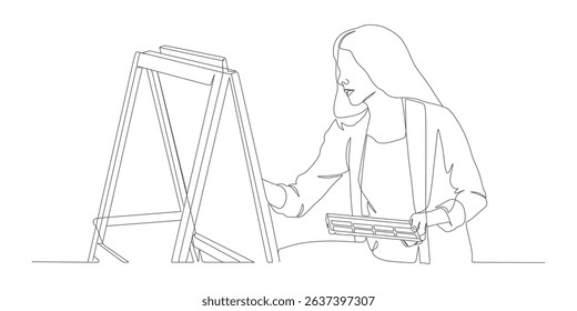 Continuous Line Drawing of a Woman Painting on Canvas with a Palette