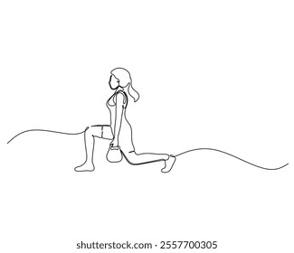 Continuous line drawing of a woman performing a lunge exercise while holding a kettlebell, showcasing fitness, strength, and balance.