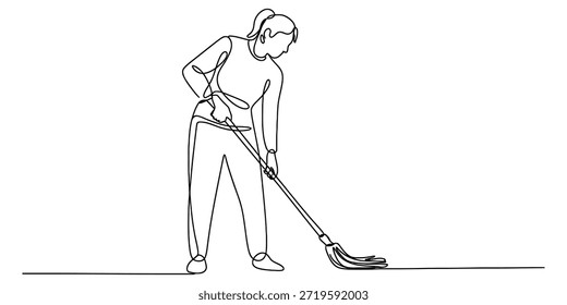 Kontinuierliche Linienzeichnung einer Frau, die eine Hausarbeit erledigt, indem sie den Boden wischt Vektor, Illustration