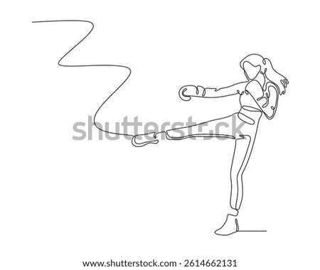 Continuous line drawing of a woman performing a front kick in a martial arts stance. Minimalist vector art ideal for fitness, kickboxing, and combat sport design themes.