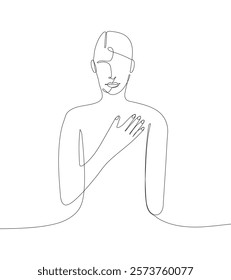 Continuous line drawing of a woman placing her hand on her heart, symbolizing love, care, and compassion.