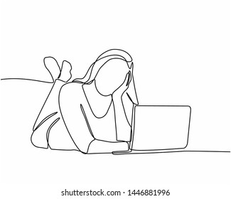 continuous line drawing of woman is playing a laptop. Teen browsing a laptop searching information online. vector illustration isolated on white background