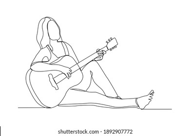 Continuous line drawing of a woman playing guitar. Single one line art of musician guitarist vector illustration