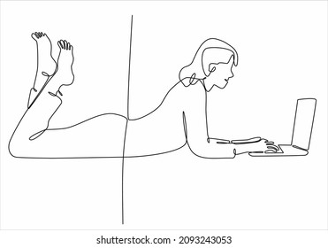 
continuous line drawing of woman playing laptop. Teenager browsing laptop looking for information online. vector illustration isolated on a white background