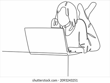 
continuous line drawing of woman playing laptop. Teenager browsing laptop looking for information online. vector illustration isolated on a white background