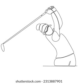 
Continuous line drawing of woman playing golf. One line art concept of professional golfer holding club to hit ball. Vector illustration