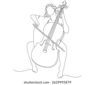 Desenho de linha contínua de uma mulher tocando violoncelo
