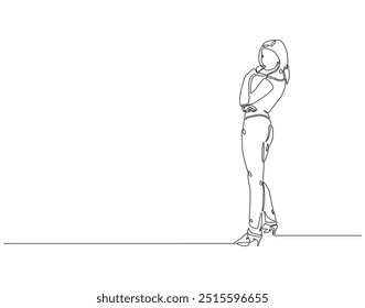 Continuous line drawing of woman pose standing. Single line illustration of lady standing. Beautiful, Female, International women's day concept. Editable outline
