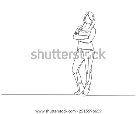Continuous line drawing of woman pose standing. Single line illustration of lady standing. Beautiful, Female, International women's day concept. Editable outline
