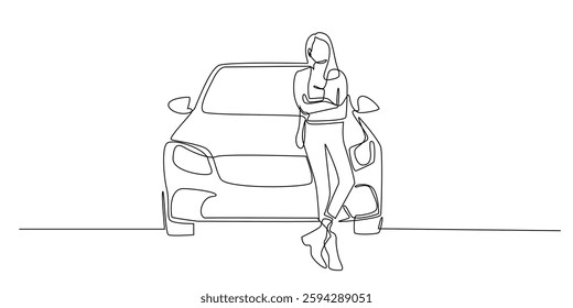continuous line drawing of a woman posing in front of a car. one line drawing of a woman standing in front of a car. suitable for successful photos of career women, automotive models