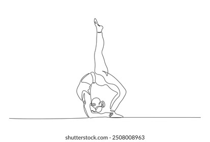 Dibujo de línea continua de la práctica de yoga de la mujer. Postura de yoga en ilustración de contorno simple. 