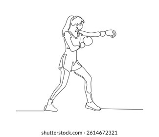 Continuous line drawing of a woman practicing boxing. Minimalist vector illustration of a female boxer throwing a punch, representing fitness, power, and athletic discipline.