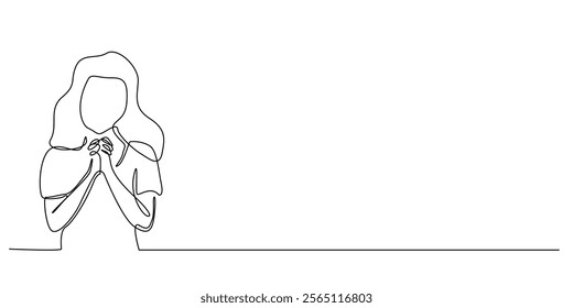 continuous line drawing of woman praying in christian religion.one line drawing of christian woman praying bending both hands.simple single line vector illustration.isolated white background