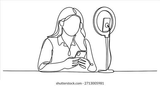 Desenho de linha contínua de uma mulher se preparando para um córrego ao vivo com uma luz de anel Vetor, ilustração