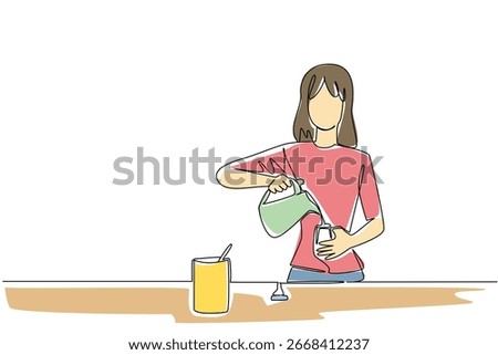 Continuous line drawing of a woman preparing milk baby formula by pouring hot water and powder into a glass, reflecting Infant Feeding Day with a health concept focus on nutrition and parenting care.
