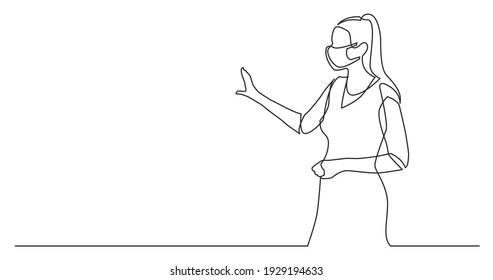 continuous line drawing of woman presenter wearing face mask