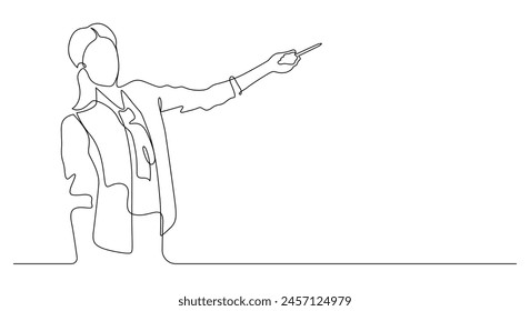 continuous line drawing of woman presenting or teaching thin line illustration